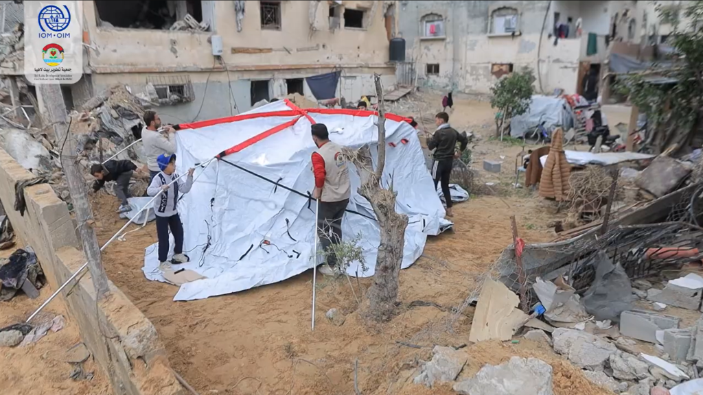 Providing tents for displaced people from northern Gaza with support from the International Organization for Migration